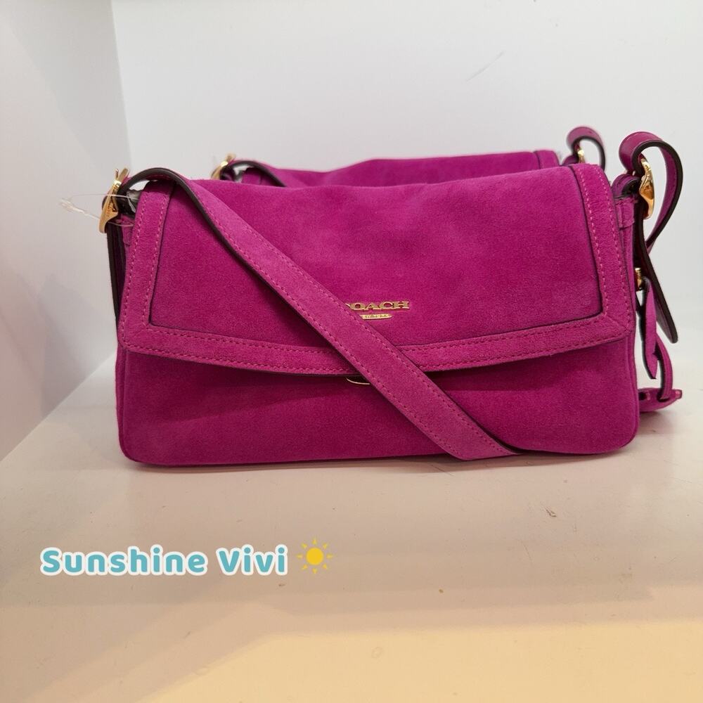NWT COACH Etta Small Flap Shoulder Crossbody Bag Suede Leather CGV53 Magenta